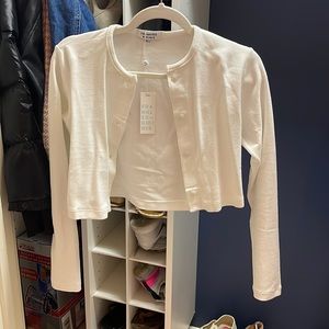 Frankie’s bikinis white button up top and matching skirt!